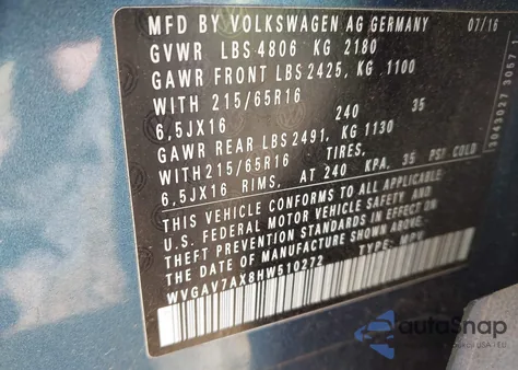 2017 Volkswagen Tiguan 2.0T S из США, поврежденный, VIN WVGAV7AX8HW510272